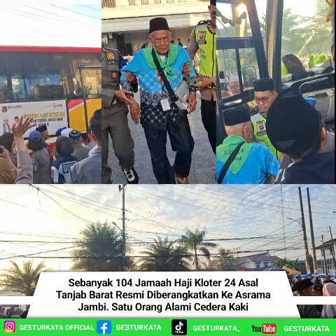Sebanyak 104 Jamaah Haji Kloter 24 Asal Tanjab Barat Resmi Diberangkatkan Ke Asrama Jambi. Satu Orang Alami Cedera Kaki